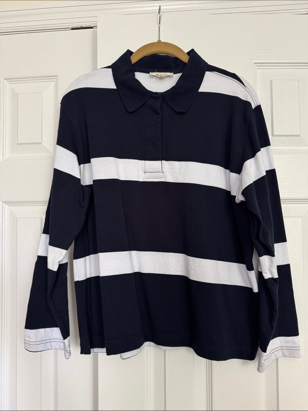 Madewell Women Navy & White Striped Long-Sleeve Polo Top - Size S